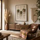 Boho Hanging Plants Trio Poster — Three hanging trailing plants in terracotta pots on macrame, wide room display, Atelier Poster