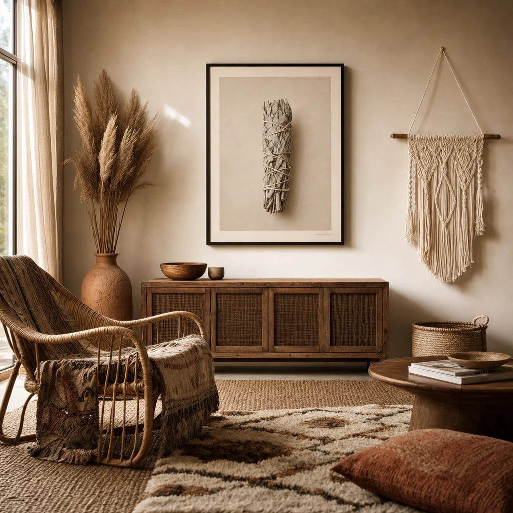 Sage Smudge Stick Poster — Single bundled white sage smudge stick tied with twine, wide room display, Atelier Poster