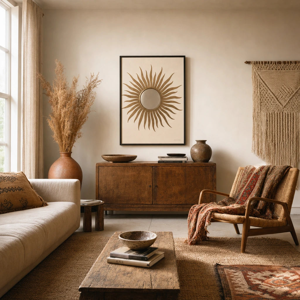 Bohemian Brass Sun Mirror Poster — Traditional brass sun mirror with radiating rays illustration, wide room display, Atelier Poster