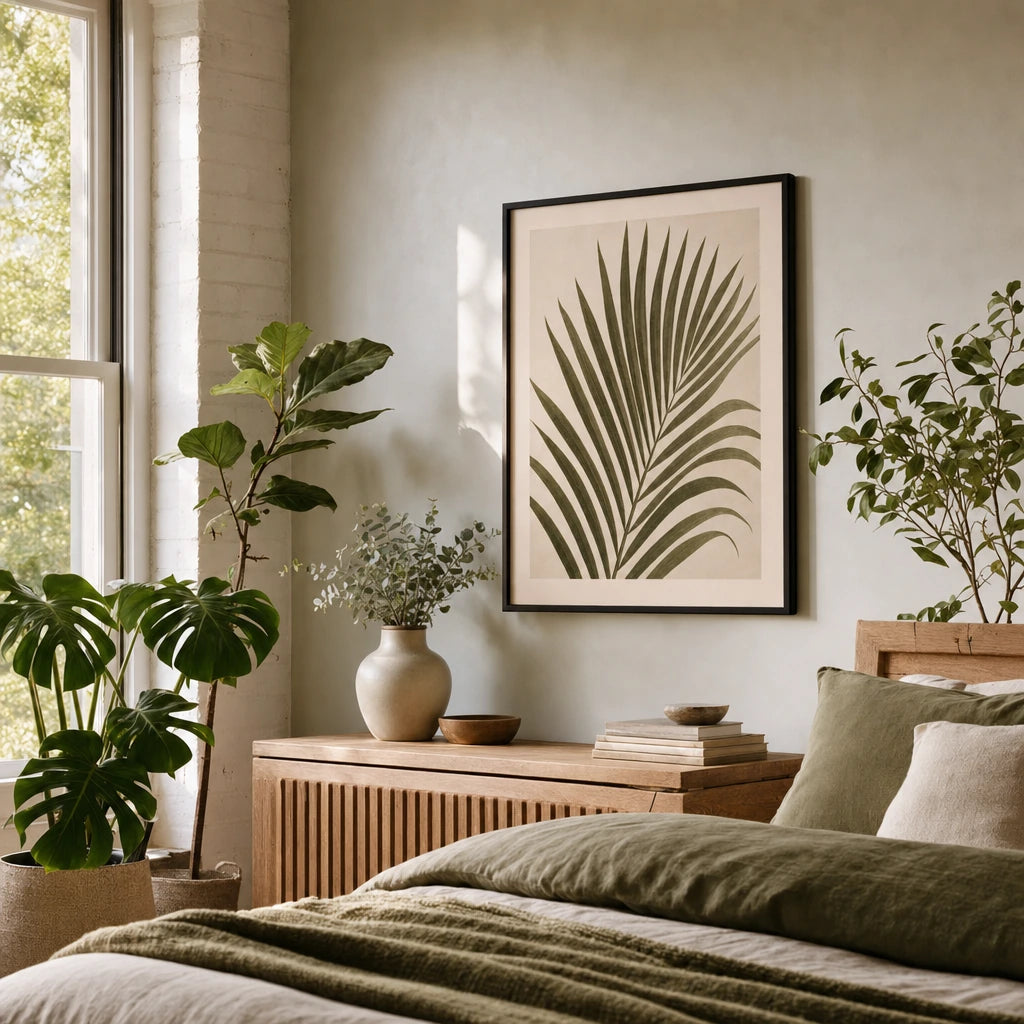 Palm Frond Single Poster — Single tall palm frond in muted olive and sage tones, wide room display, Atelier Poster