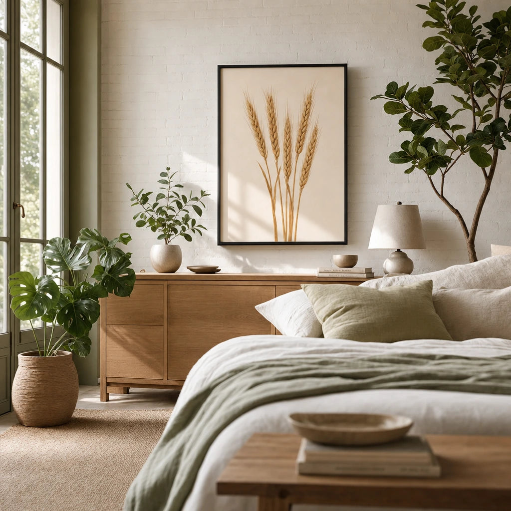 Wheat Stalks Poster — Five tall golden wheat stalks gathered upright on cream, wide room display, Atelier Poster