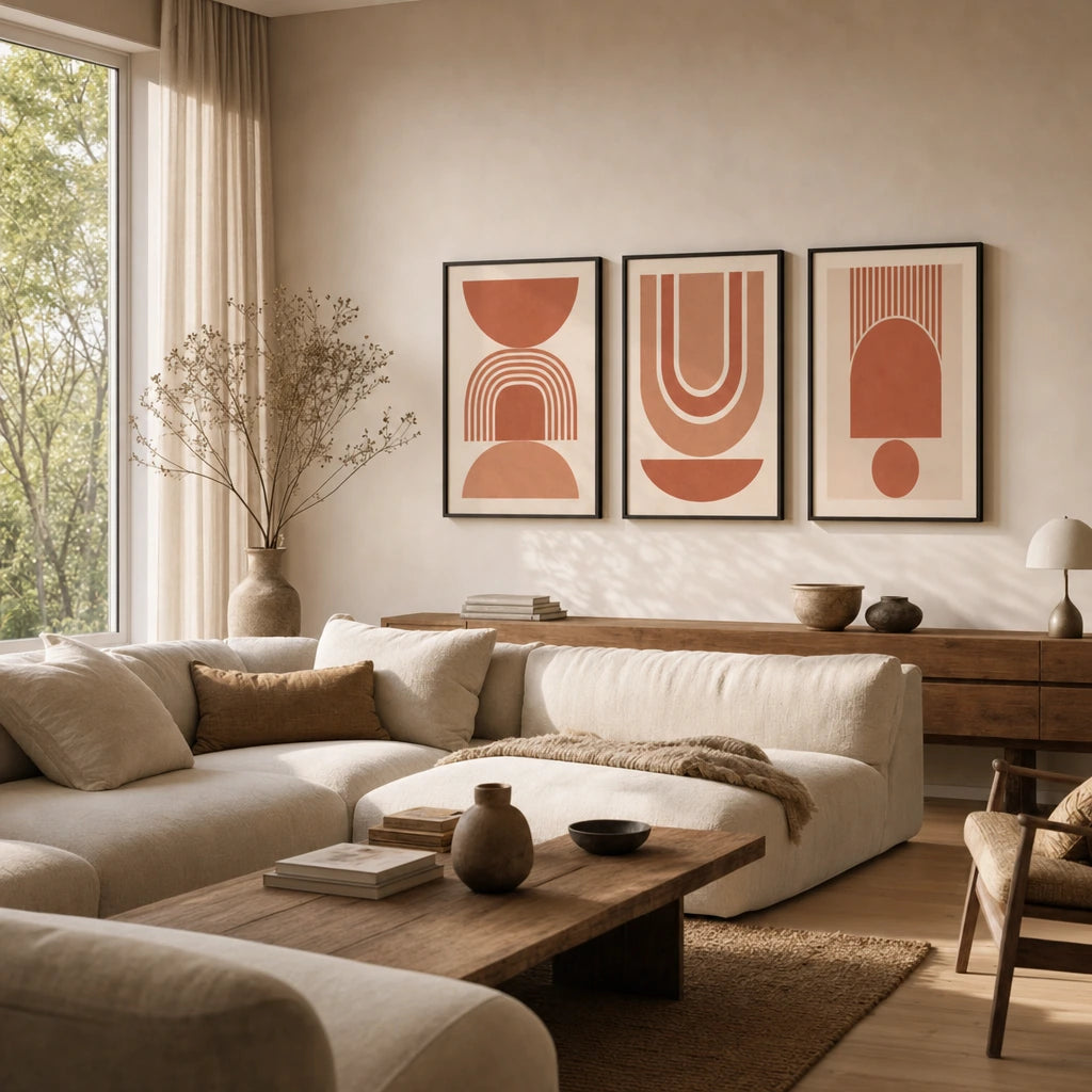 All Terracotta Tonal Three Gallery Poster — Three-print all-terracotta tonal monochromatic graduated set, wide room display, Atelier Poster
