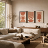 All Terracotta Tonal Three Gallery Poster — Three-print all-terracotta tonal monochromatic graduated set, wide room display, Atelier Poster