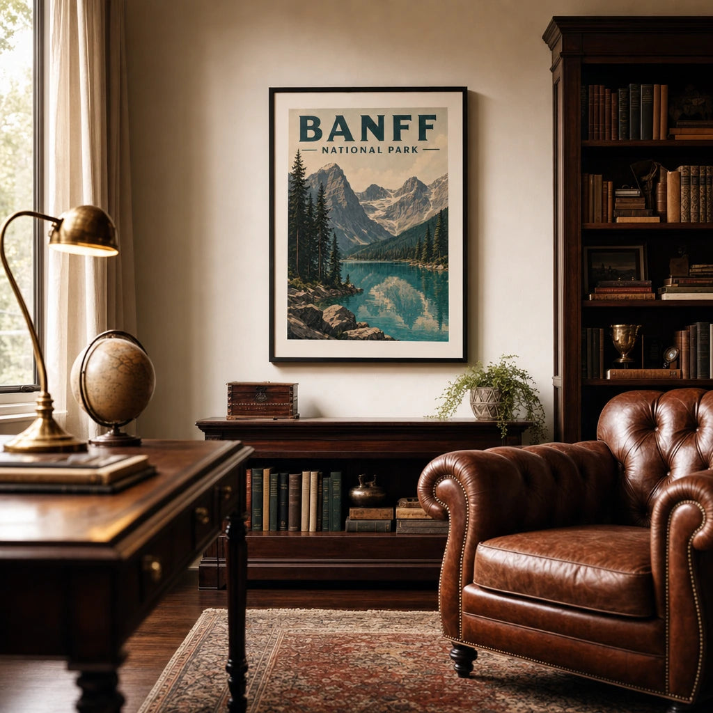 Banff National Park Poster — WPA-style Banff with turquoise lake and Rocky Mountains, wide room display, Atelier Poster