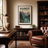 Banff National Park Poster — WPA-style Banff with turquoise lake and Rocky Mountains, wide room display, Atelier Poster