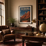 Sedona Red Rocks Poster — 1940s Sedona red rock mesas in terracotta on deep blue, wide room display, Atelier Poster