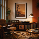 70s California Surf Poster — 1970s California VW van surfboard palms golden sunset, wide room display, Atelier Poster