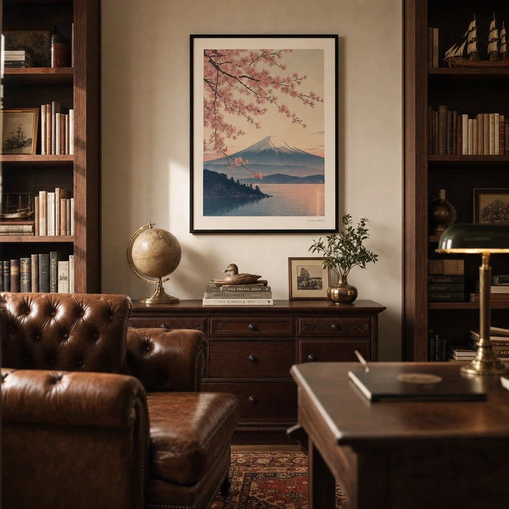 Tokyo Mt Fuji Poster — Japanese woodblock-style Mt Fuji with cherry blossoms, wide room display, Atelier Poster