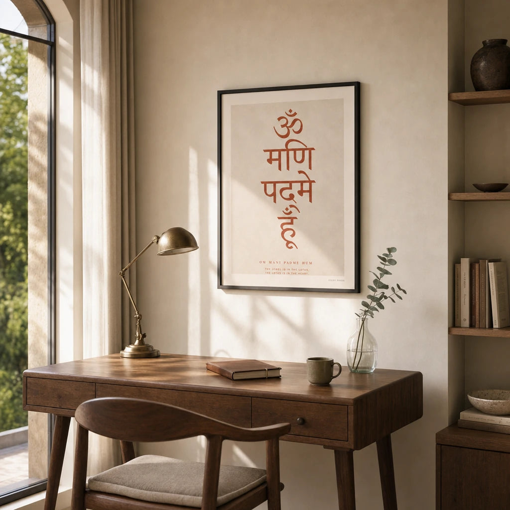 Om Mani Padme Hum Poster — Sanskrit Om Mani Padme Hum mantra in elegant Devanagari, wide room display, Atelier Poster