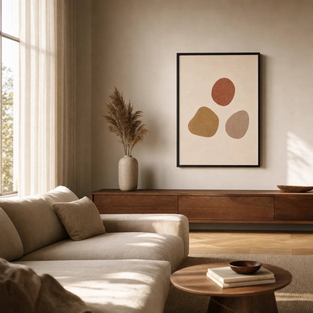 Three Warm Stones Poster — Three hand-drawn stones in terracotta ochre and warm clay, wide room display, Atelier Poster
