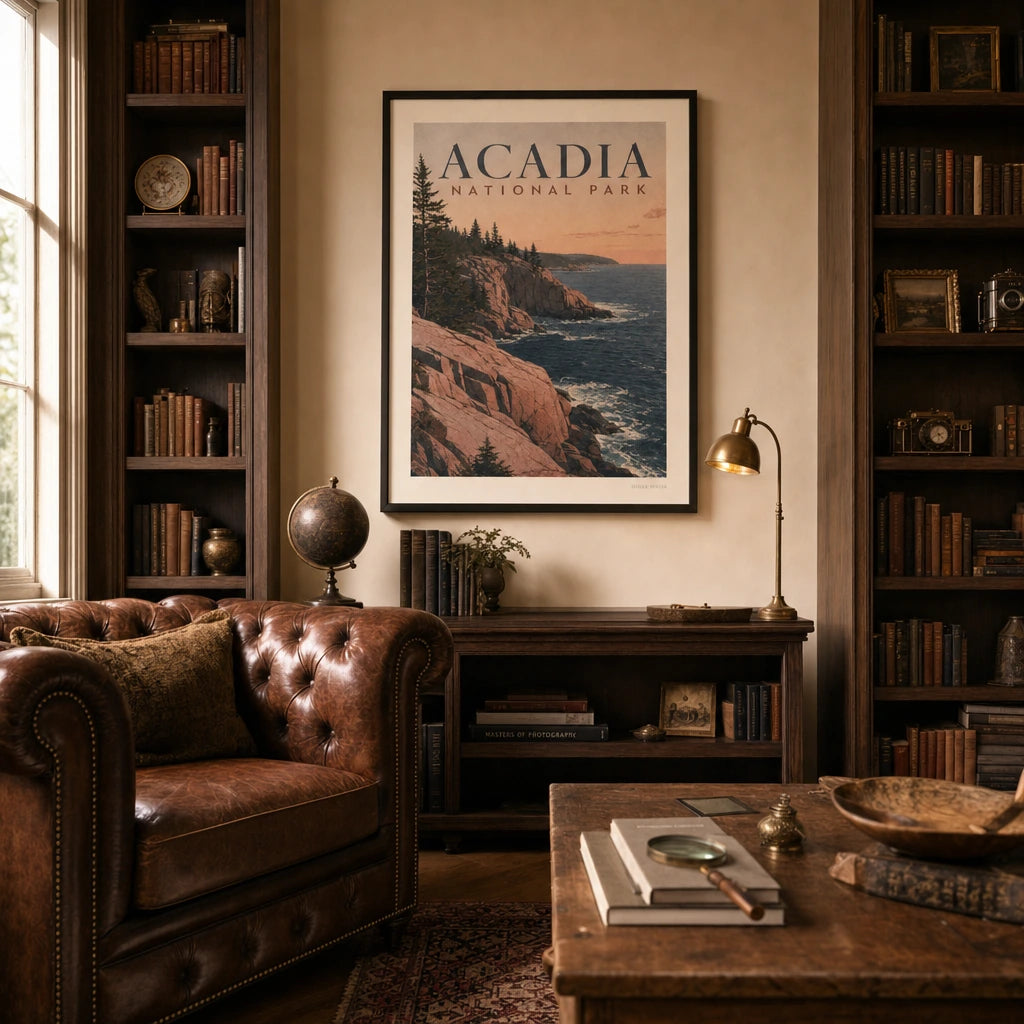 Acadia Maine Coast Poster — 1940s Acadia Maine pink granite cliffs and dark spruce, wide room display, Atelier Poster