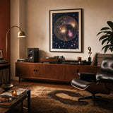 Disco Ball 70s Poster — Glittering disco ball 1970s silver gold on deep navy, wide room display, Atelier Poster