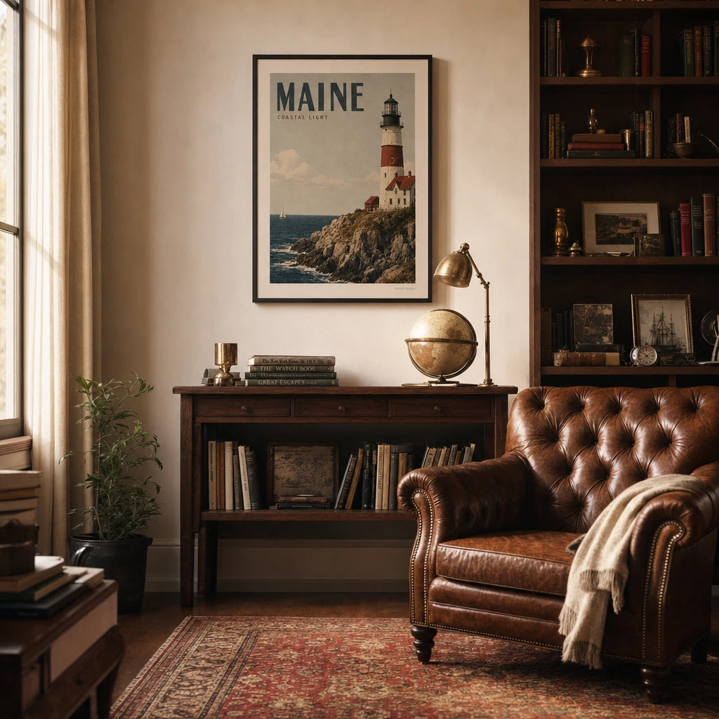 Maine Coastal Lighthouse Poster — 1940s Maine coastal lighthouse on rocky promontory, wide room display, Atelier Poster