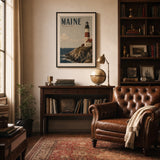Maine Coastal Lighthouse Poster — 1940s Maine coastal lighthouse on rocky promontory, wide room display, Atelier Poster