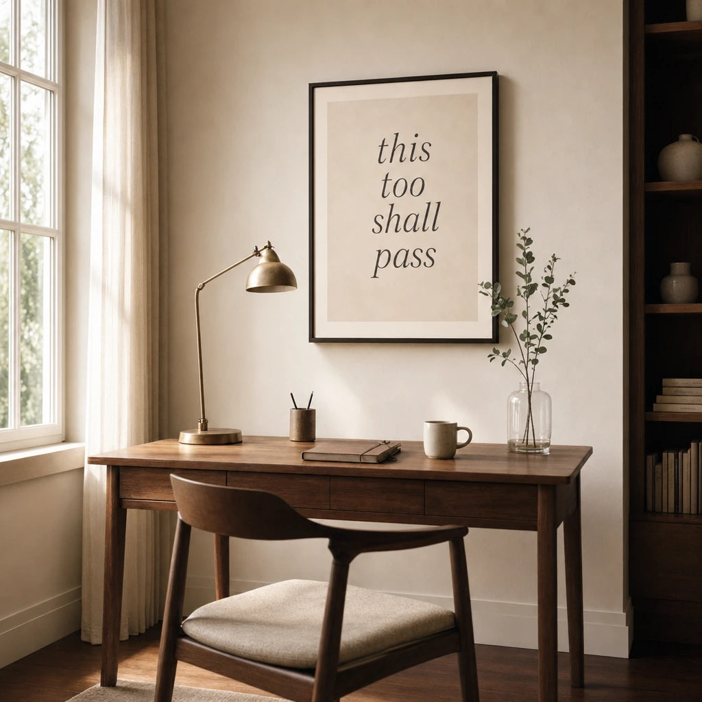 This Too Shall Pass Poster — Handwritten serif italic 'this too shall pass' wisdom, wide room display, Atelier Poster