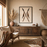 Tribal Spear Pair Poster — Two crossed tribal spears with leather and feathers, wide room display, Atelier Poster