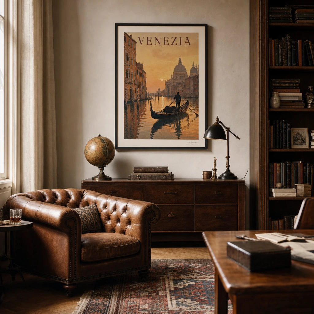 Venice Gondola Sunset Poster — Mid-century Venice gondola at sunset on Grand Canal, wide room display, Atelier Poster