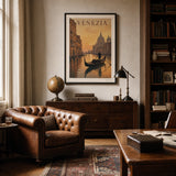 Venice Gondola Sunset Poster — Mid-century Venice gondola at sunset on Grand Canal, wide room display, Atelier Poster