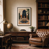 Marrakech Riad Poster — Mid-century Marrakech riad with geometric tile and arches, wide room display, Atelier Poster